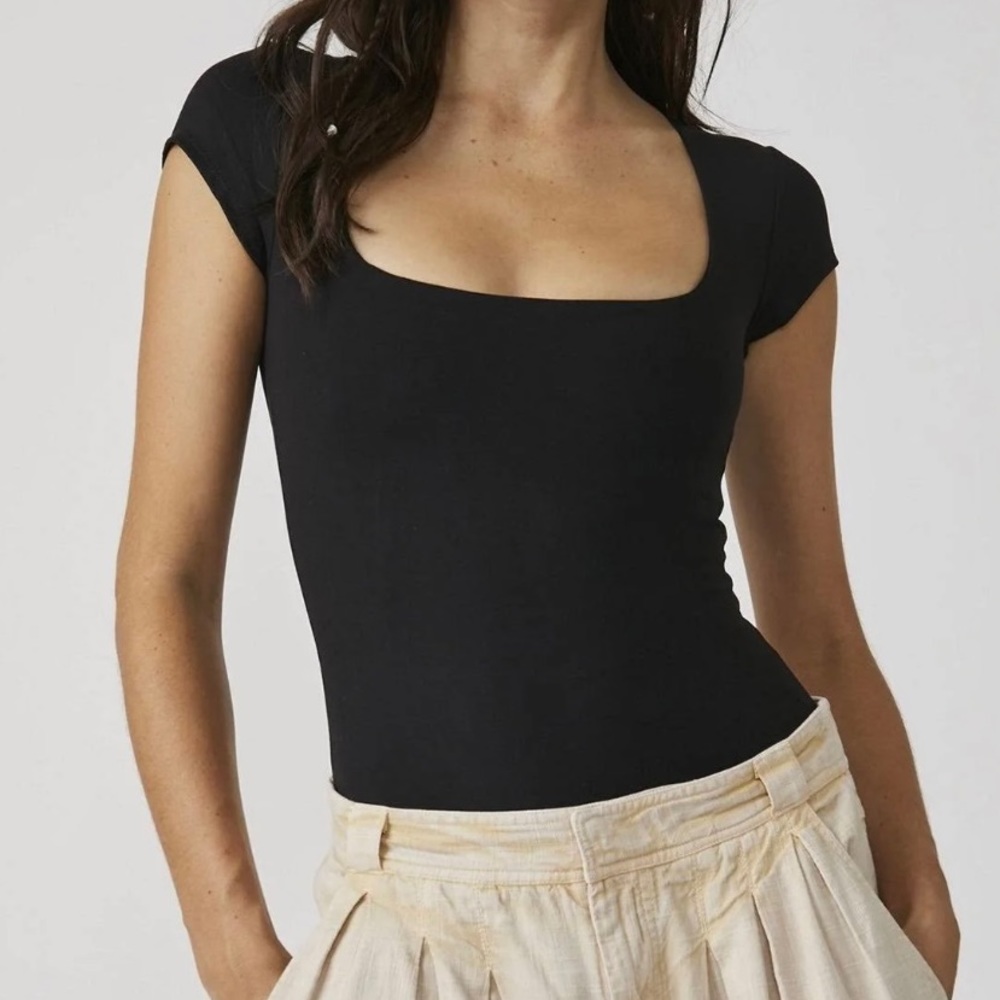 Free People Intimately Black Square Eyes Short Sleeve Bodysuit Small S